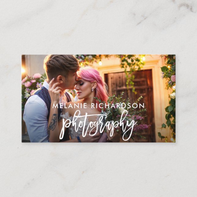 Modern Brush Script Photography Photo Business Card (Front)