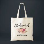 Modern Brush Script Pink Blush Floral Bridesmaid Tote Bag<br><div class="desc">Modern Trendy Brush Script Watercolor Pink Blush Floral Bridesmaid Tote Bag</div>