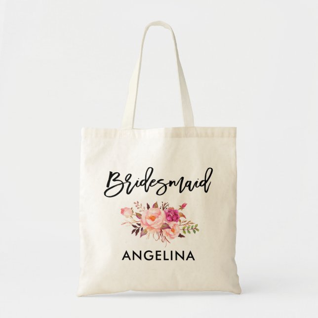 Modern Brush Script Pink Blush Floral Bridesmaid Tote Bag (Front)