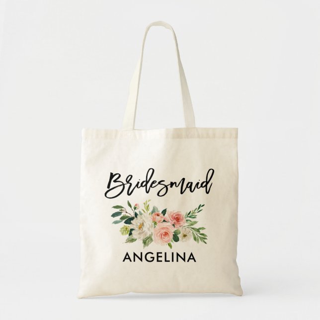 Modern Brush Script Pink White Floral Bridesmaid Tote Bag (Front)