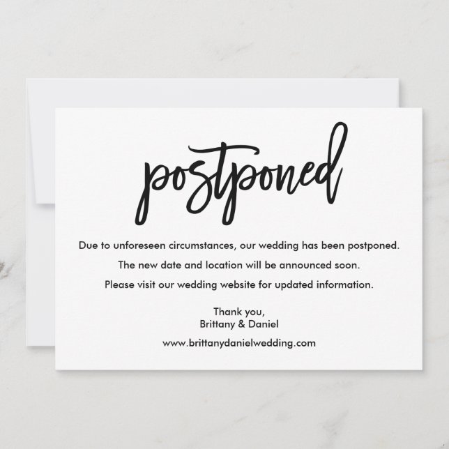 Modern Brush Script Postponed Wedding Card (Front)