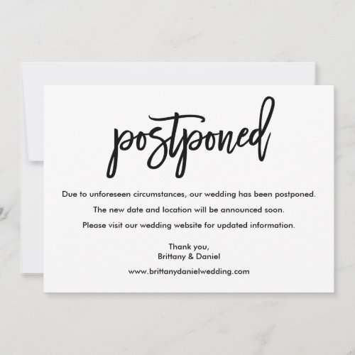 Modern Brush Script Postponed Wedding Card