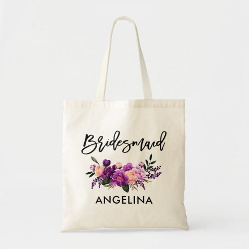 Modern Brush Script Purple Floral Bridesmaid Tote Bag