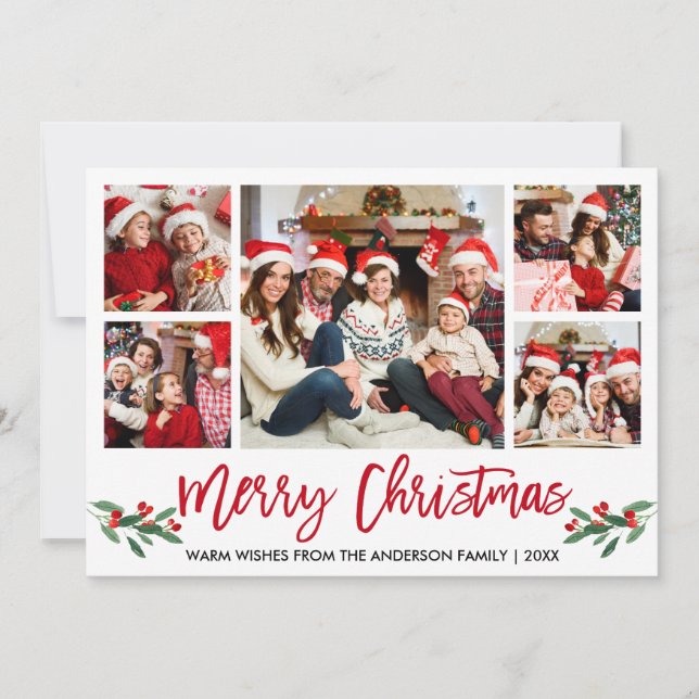 Modern Brush Script Red 5 Photo Family Christmas Holiday Card (Front)