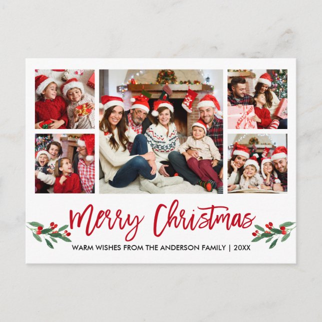Modern Brush Script Red 5 Photo Family Christmas Postcard (Front)