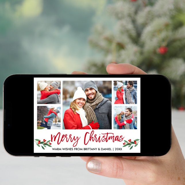 Modern Brush Script Red 5 Photo Merry Christmas Holiday Card (Front Digital)
