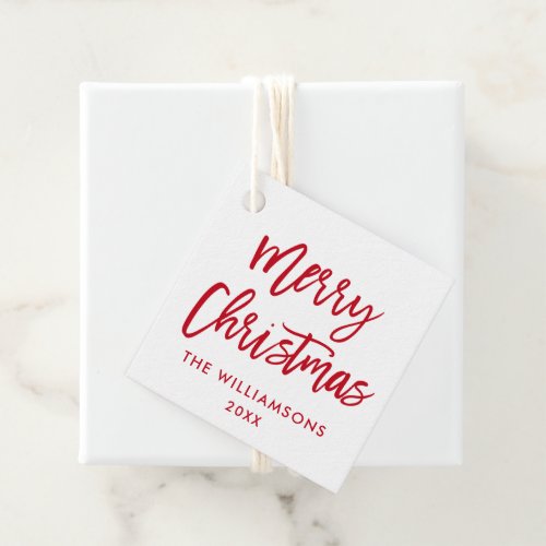 Modern Brush Script Red Christmas Square Favor Tags