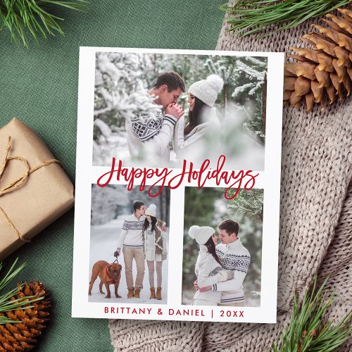 Modern Brush Script Red Happy Holidays 3 Photo Postcard