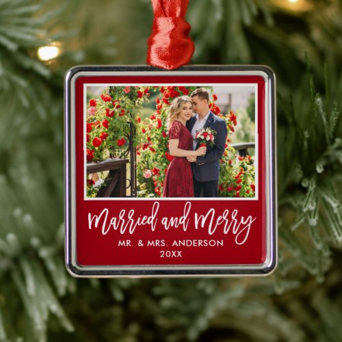 Modern Brush Script Red Married and Merry Metal Ornament