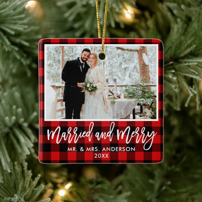 Modern Brush Script Red Plaid Married and Merry Ceramic Ornament (Tree)