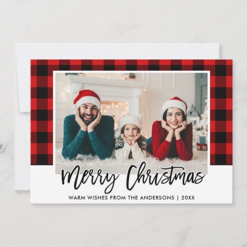 Modern Brush Script Red Plaid Photo Christmas Holiday Card