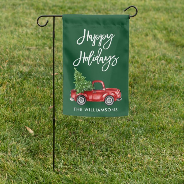 Modern Brush Script Red Truck Green Holiday Garden Flag (In SItu)