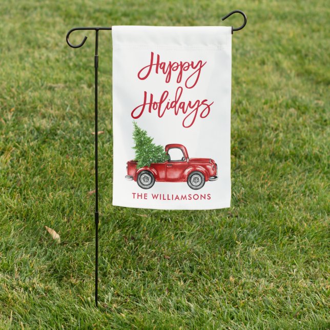 Modern Brush Script Rustic Red Truck Holiday Garden Flag (In SItu)