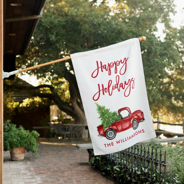 Modern Brush Script Rustic Red Truck Holiday House Flag (In SItu)