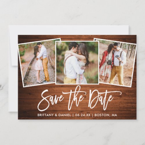 Modern Brush Script Rustic Wood 3 Photo Collage Save The Date