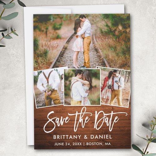 Modern Brush Script Rustic Wood 4 Photo Couple Save The Date