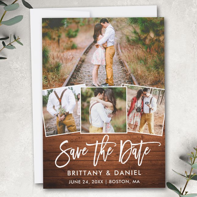 Modern Brush Script Rustic Wood 4 Photo Couple Save The Date (Customize to change your personalized text size, style or to add more text & photos to back of card.)