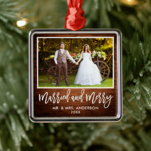 Modern Brush Script Rustic Wood Married and Merry Metal Ornament