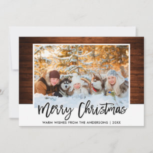 Modern Brush Script Rustic Wood Photo Christmas Holiday Card