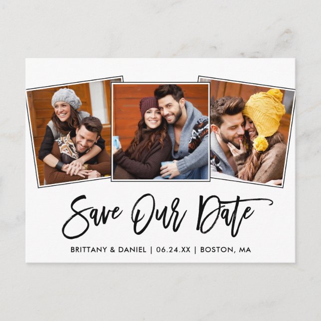Modern Brush Script Save Our Date 3 Photo Postcard (Front)