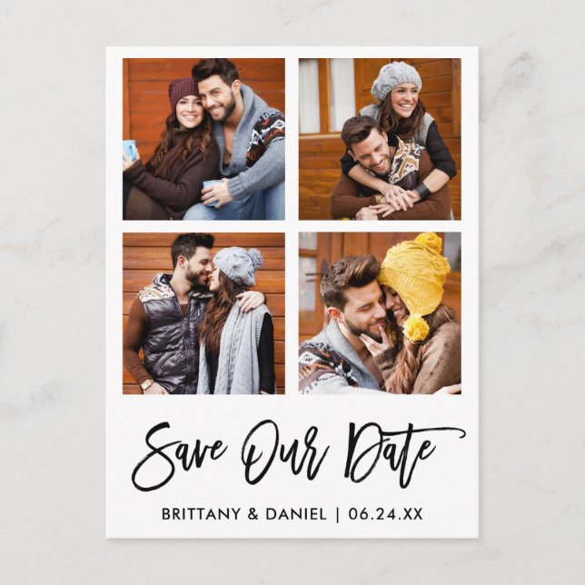 Modern Brush Script Save Our Date 4 Photo Collage Postcard (Front)