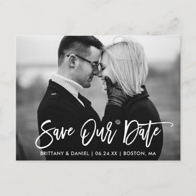 Modern Brush Script Save Our Date Black and White Postcard (Front)