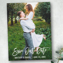 Modern Brush Script Save Our Date Couple Photo