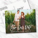 Modern Brush Script Save Our Date Couple Photo Postcard<br><div class="desc">Modern Brush Script Save Our Date Engagement Couple Photo Postcard - White Script</div>