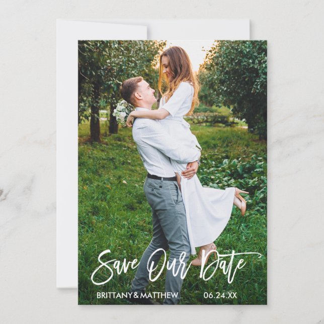 Modern Brush Script Save Our Date Photo Card (Front)