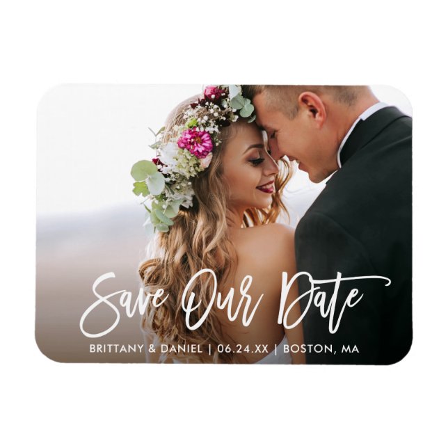 Modern Brush Script Save Our Date Photo Magnet (Horizontal)