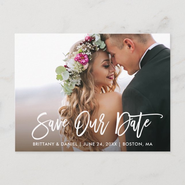 Modern Brush Script Save Our Date Photo Postcard (Front)