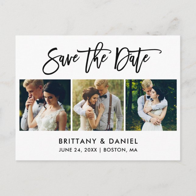 Modern Brush Script Save The Date 3 Photo Announcement Postcard (Front)