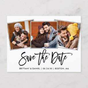 Modern Brush Script Save The Date 3 Photo Collage Postcard