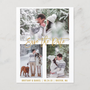 Modern Brush Script Save The Date 3 Photo Gold Postcard