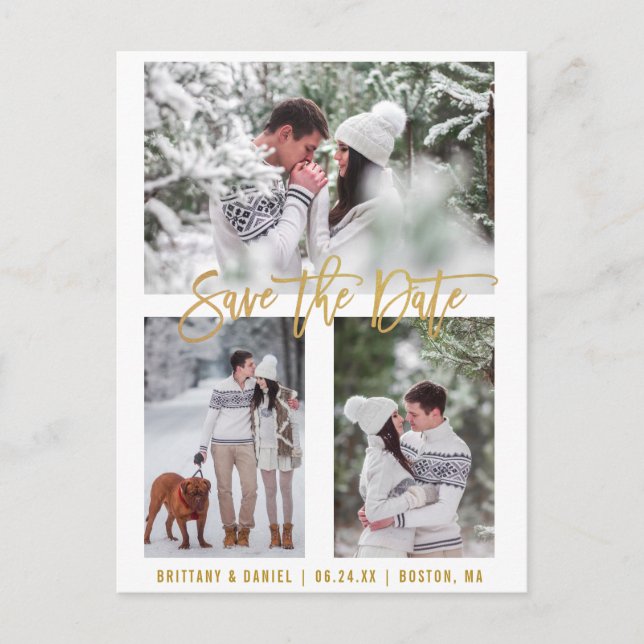 Modern Brush Script Save The Date 3 Photo Gold Postcard (Front)