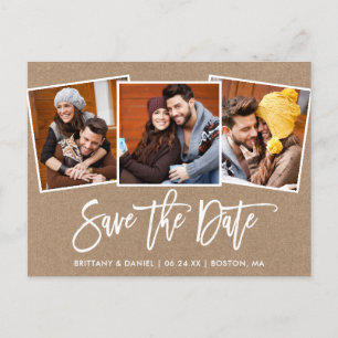 Modern Brush Script Save The Date 3 Photo Kraft Postcard