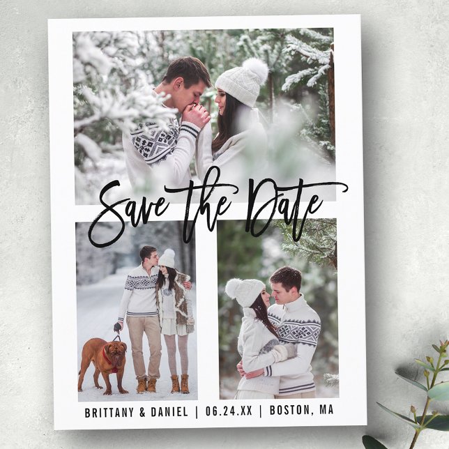 Modern Brush Script Save The Date 3 Photo Postcard (Customize to change your personalized text size or text style.)
