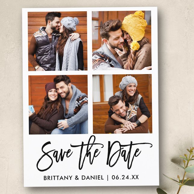 Modern Brush Script Save The Date 4 Photo Collage Postcard (Customize to change your personalized text size or text style.)