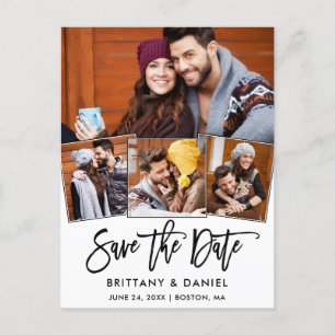 Modern Brush Script Save The Date 4 Photo Couple Postcard