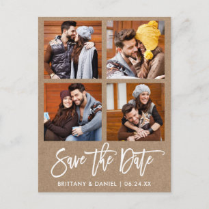 Modern Brush Script Save The Date 4 Photo Kraft Postcard