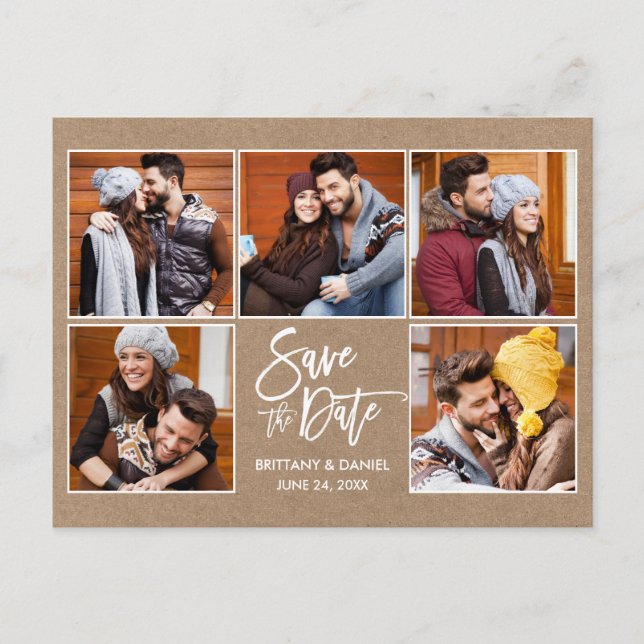 Modern Brush Script Save The Date 5 Photo Kraft Postcard (Front)
