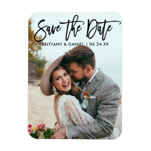 Modern Brush Script Save The Date Couple Photo B Magnet