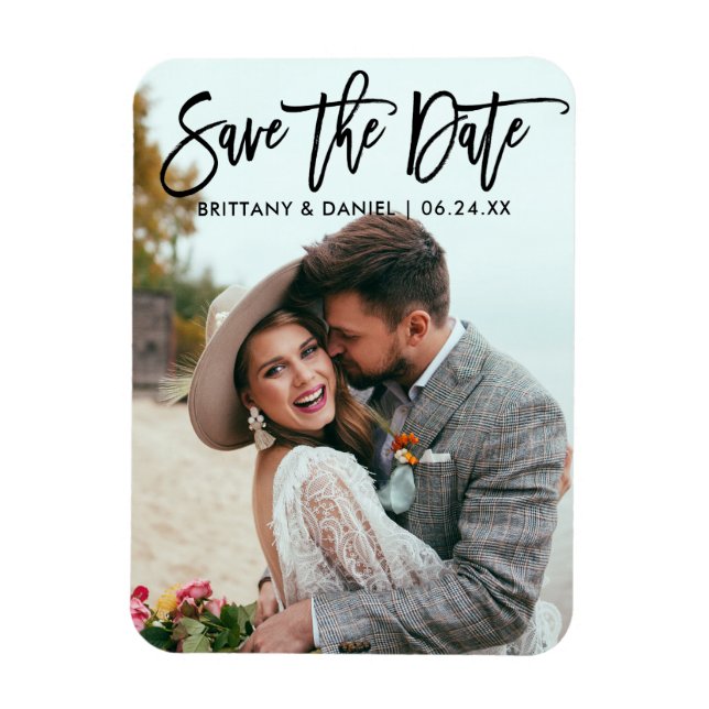 Modern Brush Script  Save The Date Couple Photo B Magnet (Vertical)