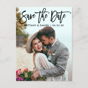 Modern Brush Script  Save The Date Couple Photo B Postcard
