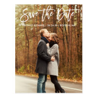 Modern Brush Script Save The Date Couple Photo Postcard