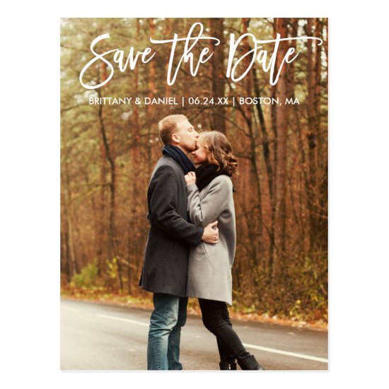 Modern Brush Script Save The Date Couple Photo Postcard