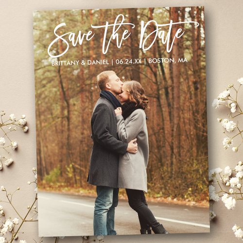 Modern Brush Script Save The Date Couple Photo Postcard