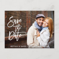 Modern Brush Script Save The Date Couple Photo W