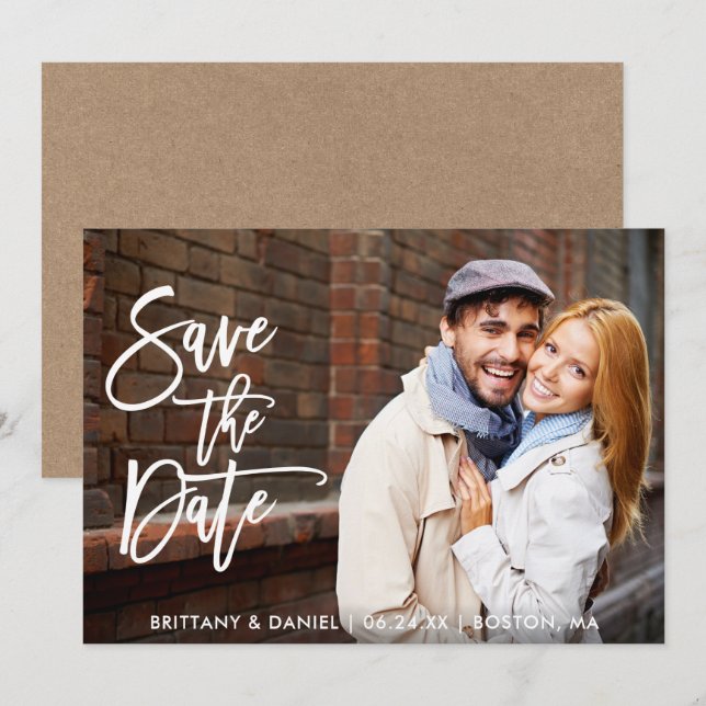 Modern Brush Script Save The Date Kraft Photo Card (Front/Back)