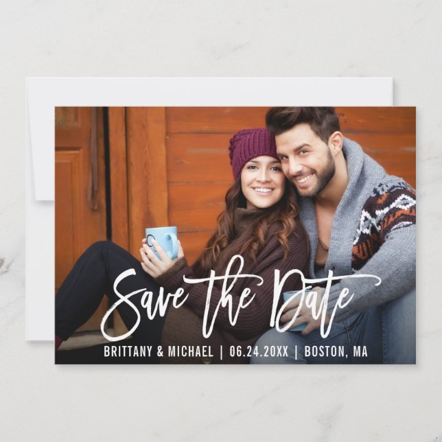 Modern Brush Script Save The Date Photo Card (Front)